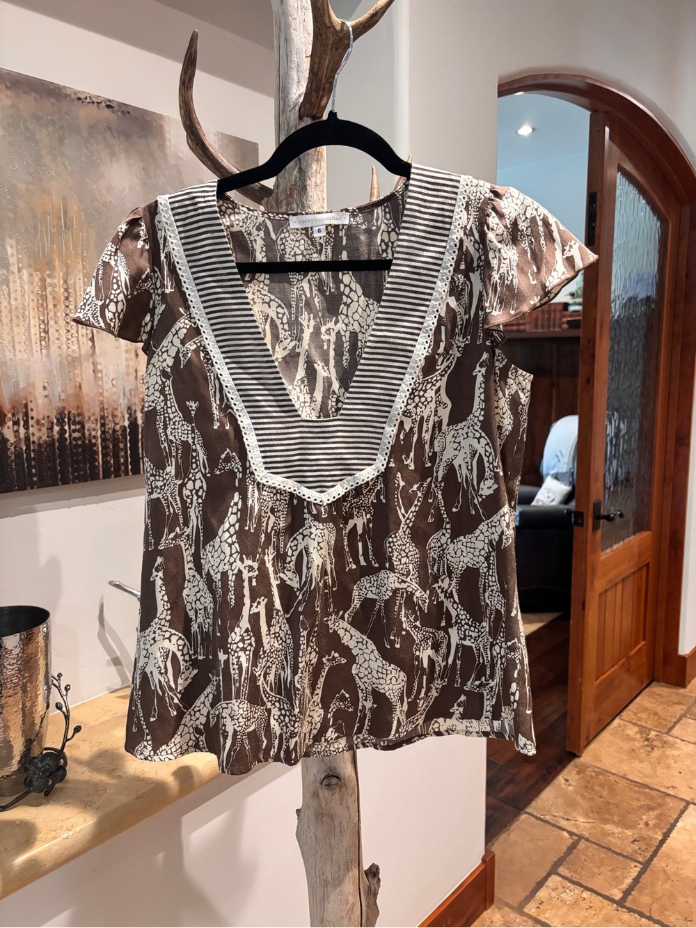 Corey Lynn Calter Brown and Cream Silk Giraffe-Print V-Neck Blouse